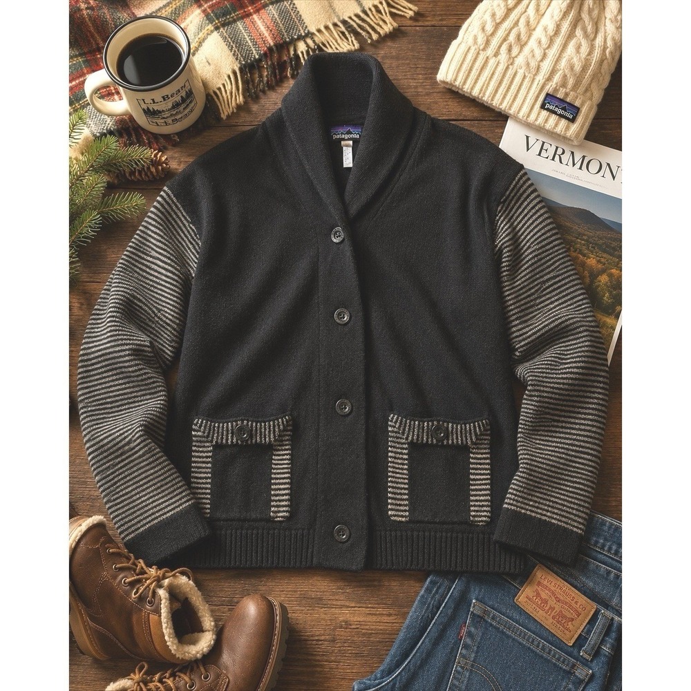 Patagonia Wool Blend Sweater Jacket Medium Black Stripe Button Front Cardigan